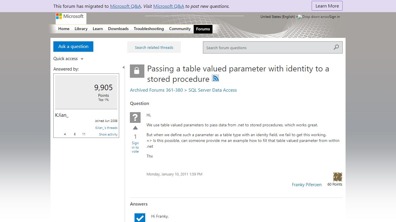 Passing a table valued parameter with identity to a stored procedure