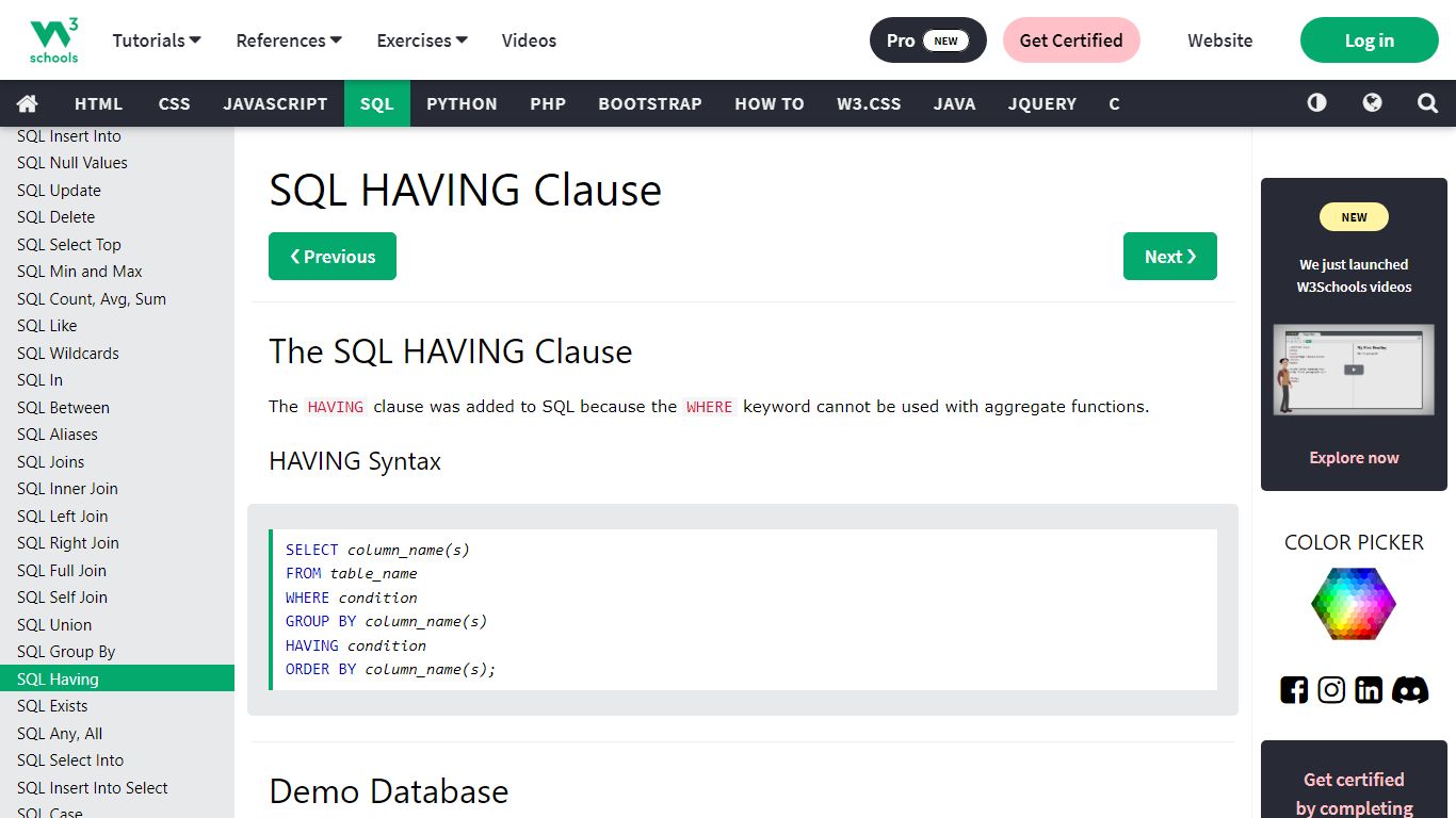 SQL HAVING Clause - W3Schools